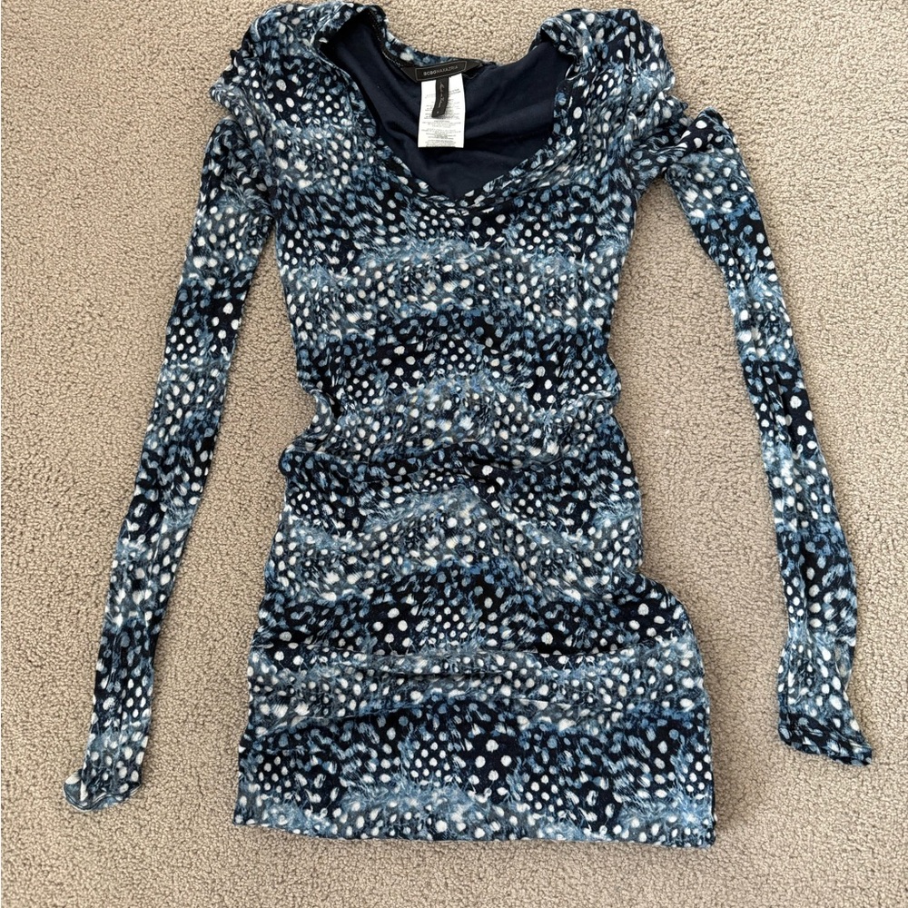 BCBGMaxAzria Long Sleeve Blue Pattern Mini Dress